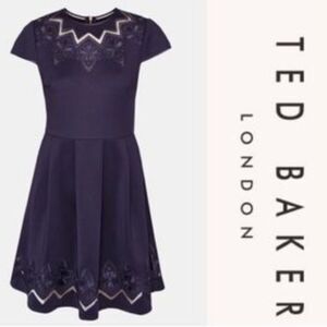 Ted Baker London Cheskka Navy Blue Lace and Mesh Skater Dress Ted Size 4 (US 10)